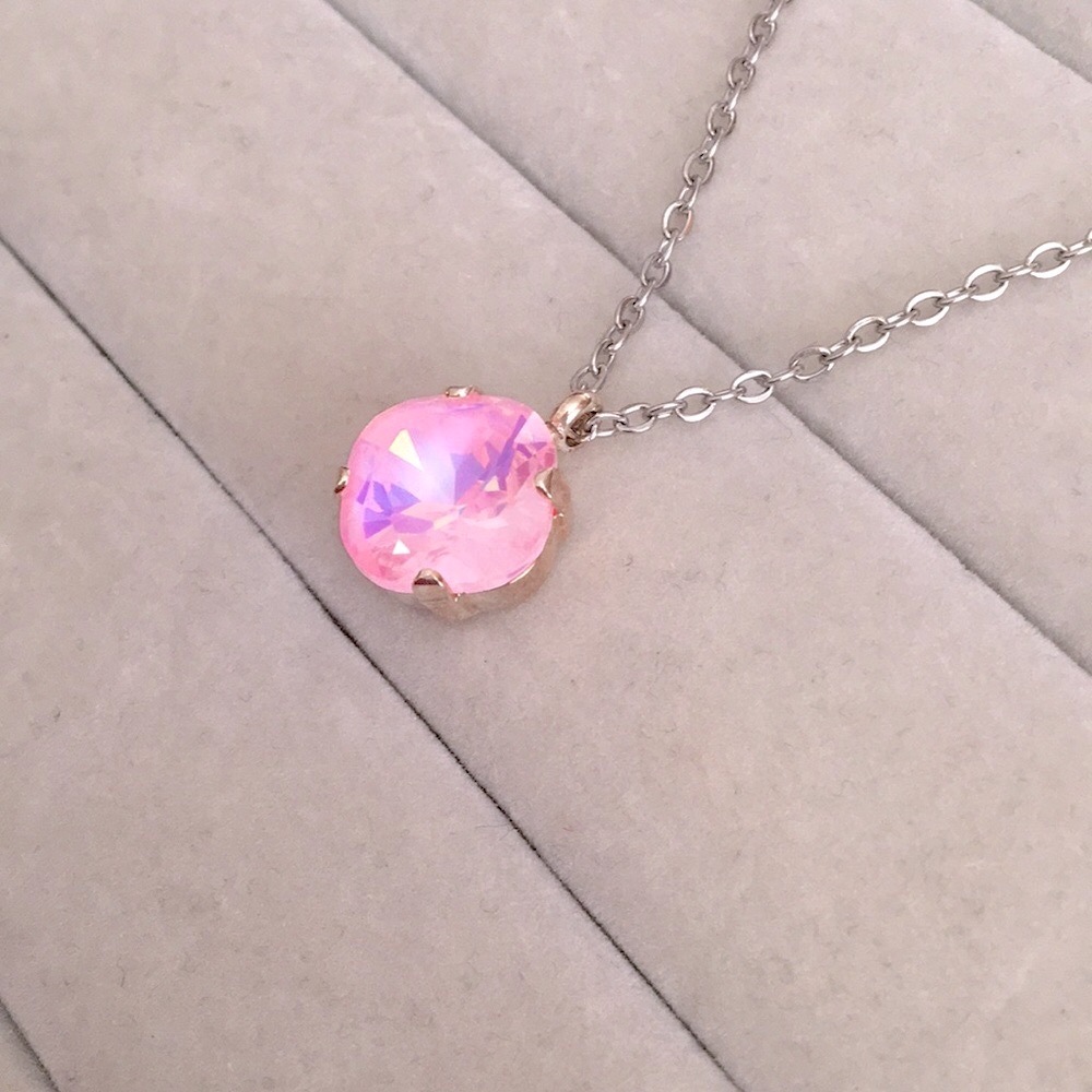 Pink Opal Aurora Borealis + Silver Cushion Cut Crystal Drop Pendant Necklace - Picture 3 of 7